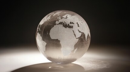 Glass globe with etched world map on dark background. (1)