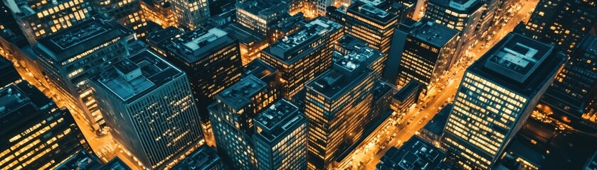 Obraz premium Aerial view of a vibrant city skyline illuminated at night.