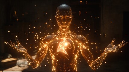 Glowing humanoid figure meditating, emitting light particles.