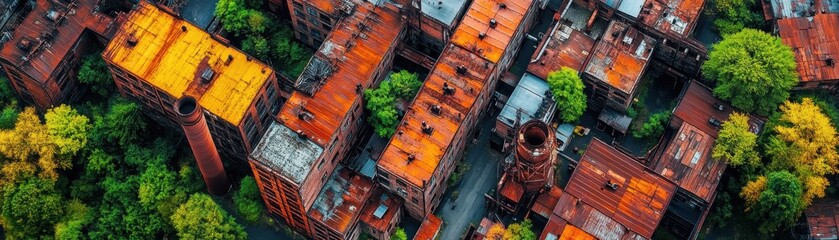 Aerial view of urban rooftops surrounded by vibrant greenery.