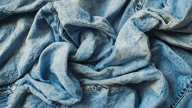 Textured blue denim fabric showing folds and creases under natural lighting in a casual setting
