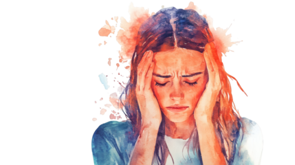 A illustration portrait of a woman with a headache  isolated on white background