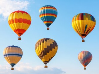 Obraz premium Colorful hot air balloons soaring in a clear blue sky.