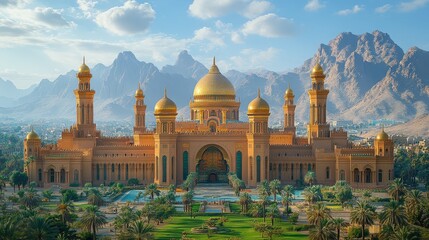 Obraz premium Grand mosque, golden domes, mountains backdrop.