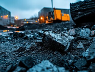 Construction site with machinery and rocky ground at dusk.
