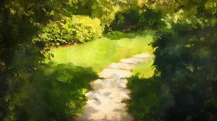 Obraz premium A painting of a path through a forest with a bright green grass
