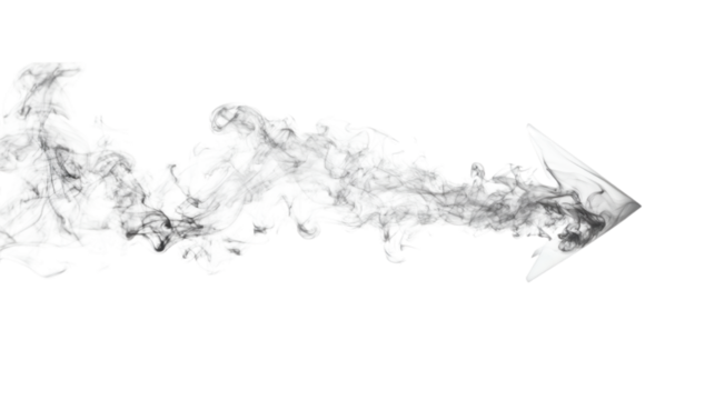 White arrow formed with soft smoke trails isolated on white background