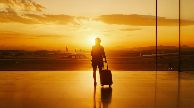 silhouette of person wheeling suitcase towards plane at sunset, creating serene travel atmosphere. warm colors of sky enhance sense of adventure and anticipation