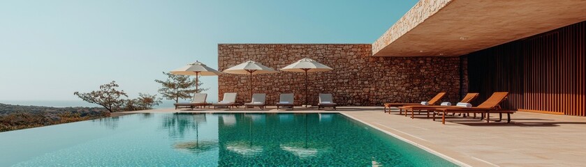Fototapeta premium Modern villa with a stunning pool surrounded by serene nature.