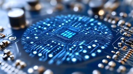 Close-up of a glowing central processing unit on a circuit board.