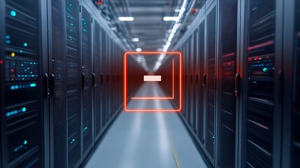 Server room with error alert.