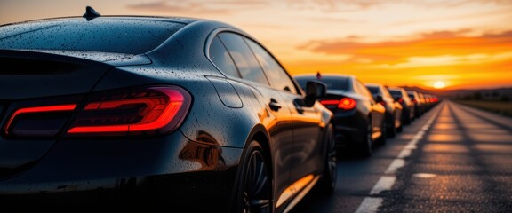 Sleek black cars lined up on wet road at sunset with vibrant orange sky
