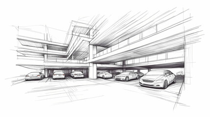 Hand drawn blueprint sketch of a multi level parking garage with cars. Leafveil. Illustration