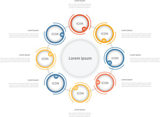 Business Modern Infographics template. 8 steps rounded timeline with options and marketing icons Vector rounded infographic with eight circle connected elements. Design can be use for presentation.
