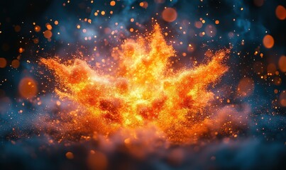 Naklejka premium Fiery orange explosion, sparks, dark background.