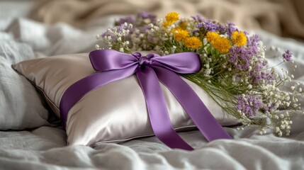 Silky Pillow Adorned With A Purple Ribbon And Flowers