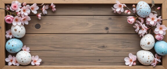 Speckled eggs and cherry blossoms on wooden table for spring decoration