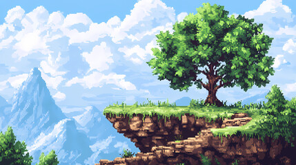 Pixel art landscape featuring a level up message, symbolizing development and growth. ideal for gaming, progress, and personal development themes. Leafveil. Illustration