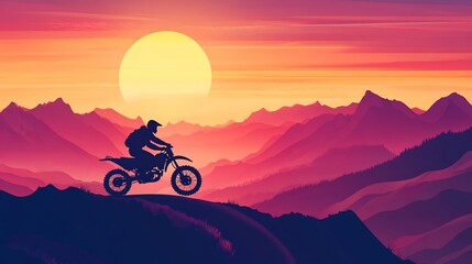 Obraz premium Silhouette of motorcyclist riding on mountain at sunset.