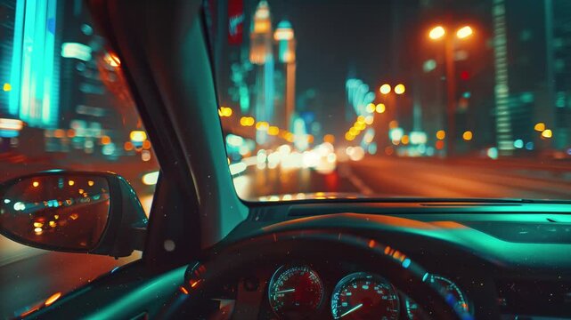 driving a car on sheikh zayed rd in dubai at night seamless looping overlay 4k virtual video animation background
