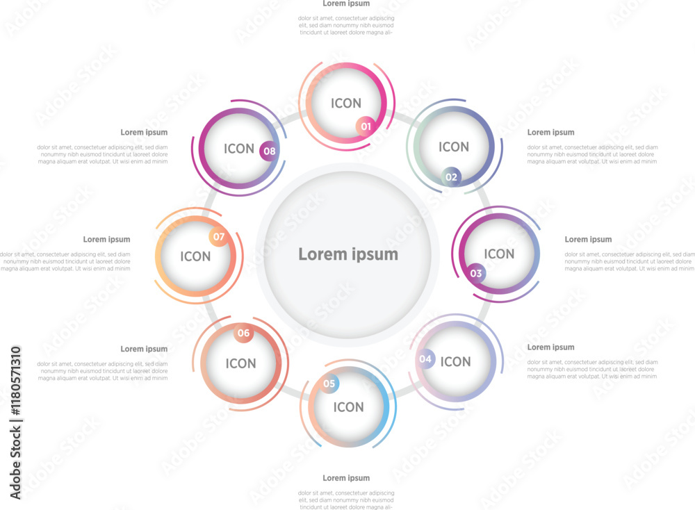 Wall mural business colorful infographics template. 8 steps rounded timeline with options and marketing icons .