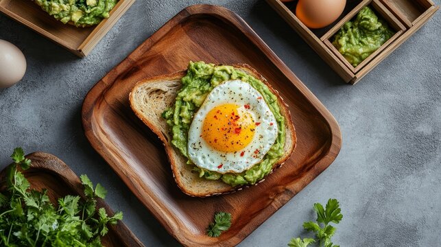 wooden plates with avocado toast and eggs in the middle on the table background. Product photography. breakfast recommendation