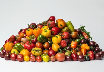 A Colorful Assortment of Fresh, Ripe Tomatoes of Various Shapes, Sizes, and Colors Perfect for Healthy Dishes and Culinary Inspirations in a Minimalist Presentation