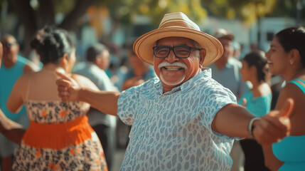 Happy Senior Mexican Man Dancing Joyfully at Outdoor Festival, Celebrating Summer Fun With Traditional Music and Cultural Spirit, Lively Fiesta Scene, Perfect for Events, and Community Celebrations