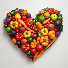 A Colorful Heart-Shaped Arrangement of Fresh Fruits and Vegetables Symbolizing Love for Healthy Eating and Nutrition, Perfect for Health and Wellness Themes
