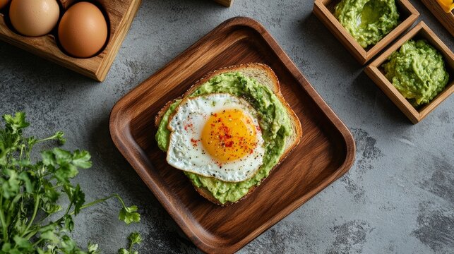 wooden plates with avocado toast and eggs in the middle on the table background. Product photography. breakfast recommendation