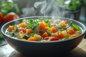 Steaming bowl of colorful vegetable soup.