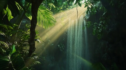 A lush green jungle with a waterfall and sunlight shining through the trees