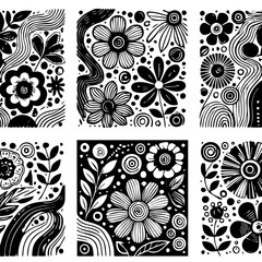 black and white groovy abstract flower posters. Floral doodle naive patterns. Contemporary matisse style. Trendy vector set.