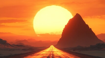 Dramatic sunset over a desert road leading to a mountain peak.