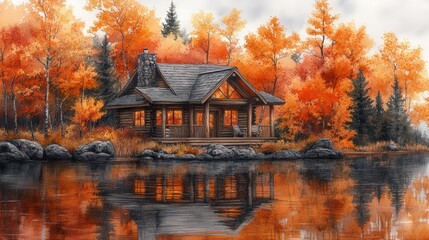 Autumn cabin, lake reflection, fiery trees.