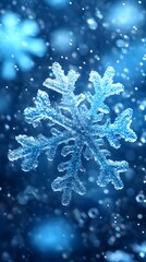 Close-up of a single, intricate snowflake falling against a blurred, blue background of snow.