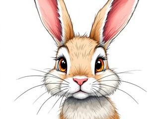 Cute cartoon rabbit with big ears and whiskers on white background