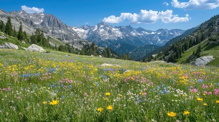 Fototapeta premium Alpine Meadow in Bloom: Breathtaking Mountain Wildflower Panorama