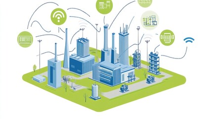 Obraz premium Smart factory with IoT devices and wireless communication.