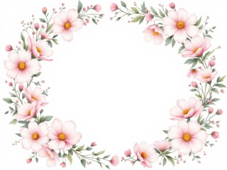 Elegant floral wreath with pink flowers and green leaves on white background