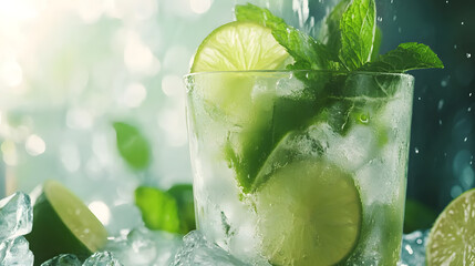 Cuban mojito cocktail on frozen glass with lime and mint leaves with copy space 