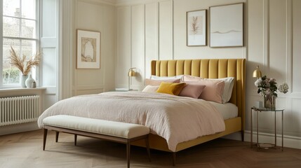 modern bedroom with light wood flooring, white walls, and a beige headboard. cozy bedroom inspiration.