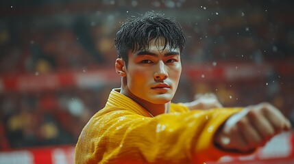 Focused martial artist in yellow gi, rain.