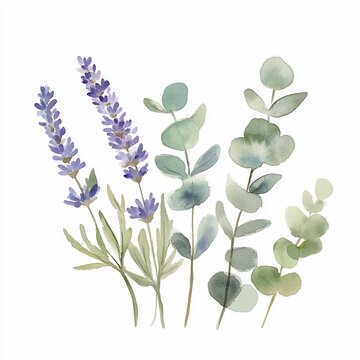 Watercolor Lavender and Green Leaves Illustration