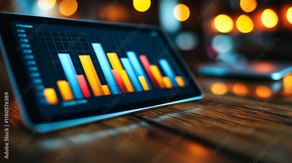 Poster data analysis on tablet: a close-up view of a tablet displaying a bar graph, representing data visua