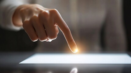 Close-up of a finger pointing at a glowing tablet screen.