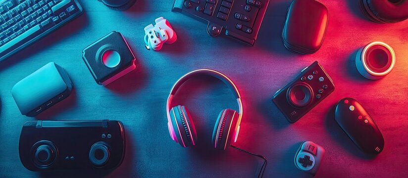 Neon-lit Gaming Setup: A vibrant overhead shot showcasing a collection of gaming peripherals bathed in blue and red neon light, including headphones, keyboards, controllers, and more.