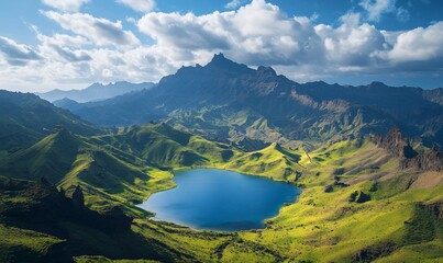 Mountain lake scenic view, sunny day, clouds