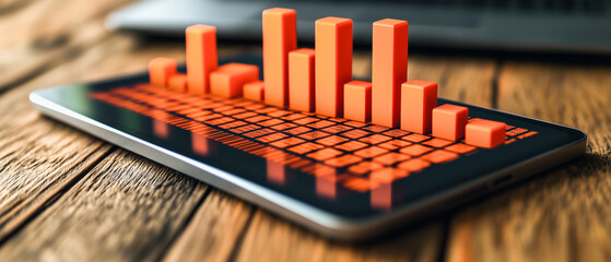 Mobile Growth: Red bar chart on smartphone screen, symbolizing upward trajectory and financial success in the digital age.  