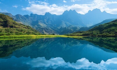 Obraz premium Mountain lake reflection, serene landscape, travel poster